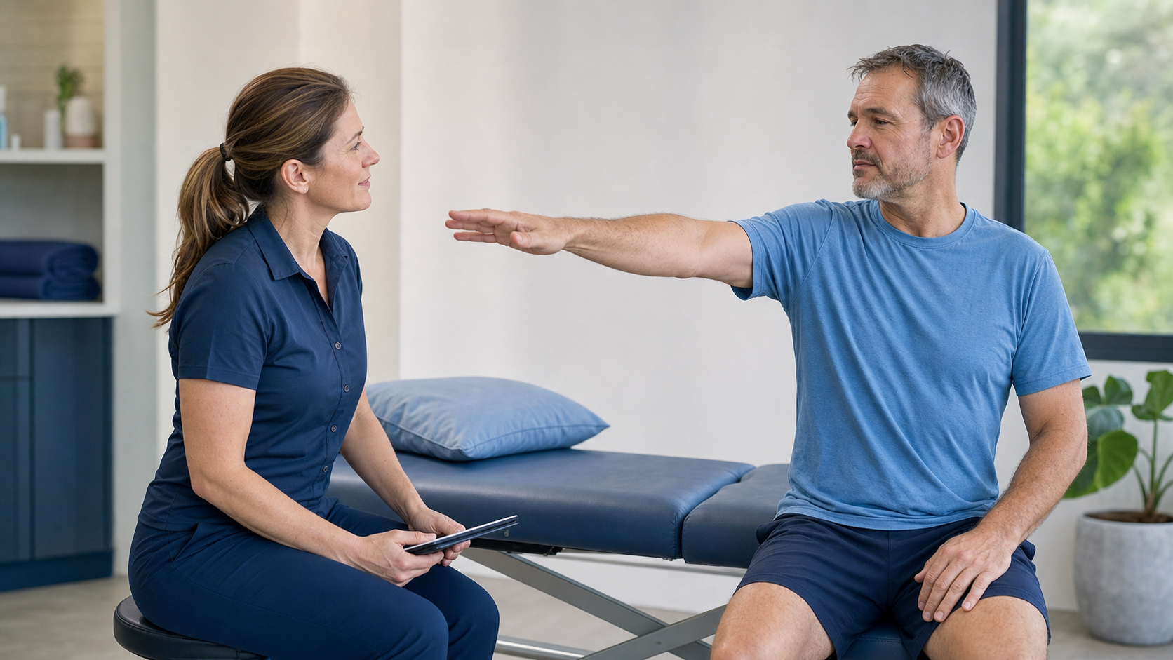 Clinician observing a patient's active shoulder movement during a rehabilitation assessment