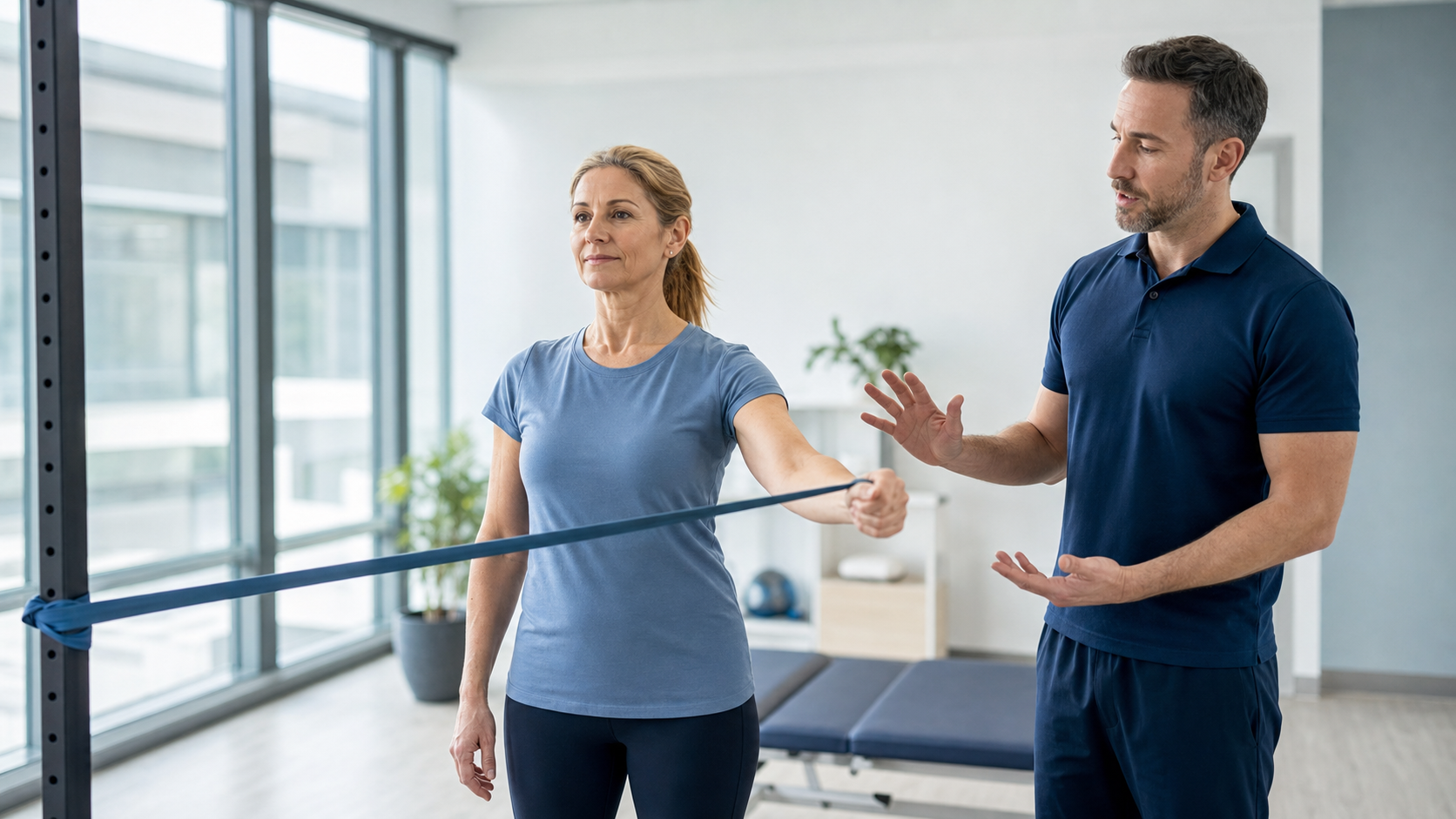 Rehabilitation professional coaching a controlled shoulder exercise using a light resistance band