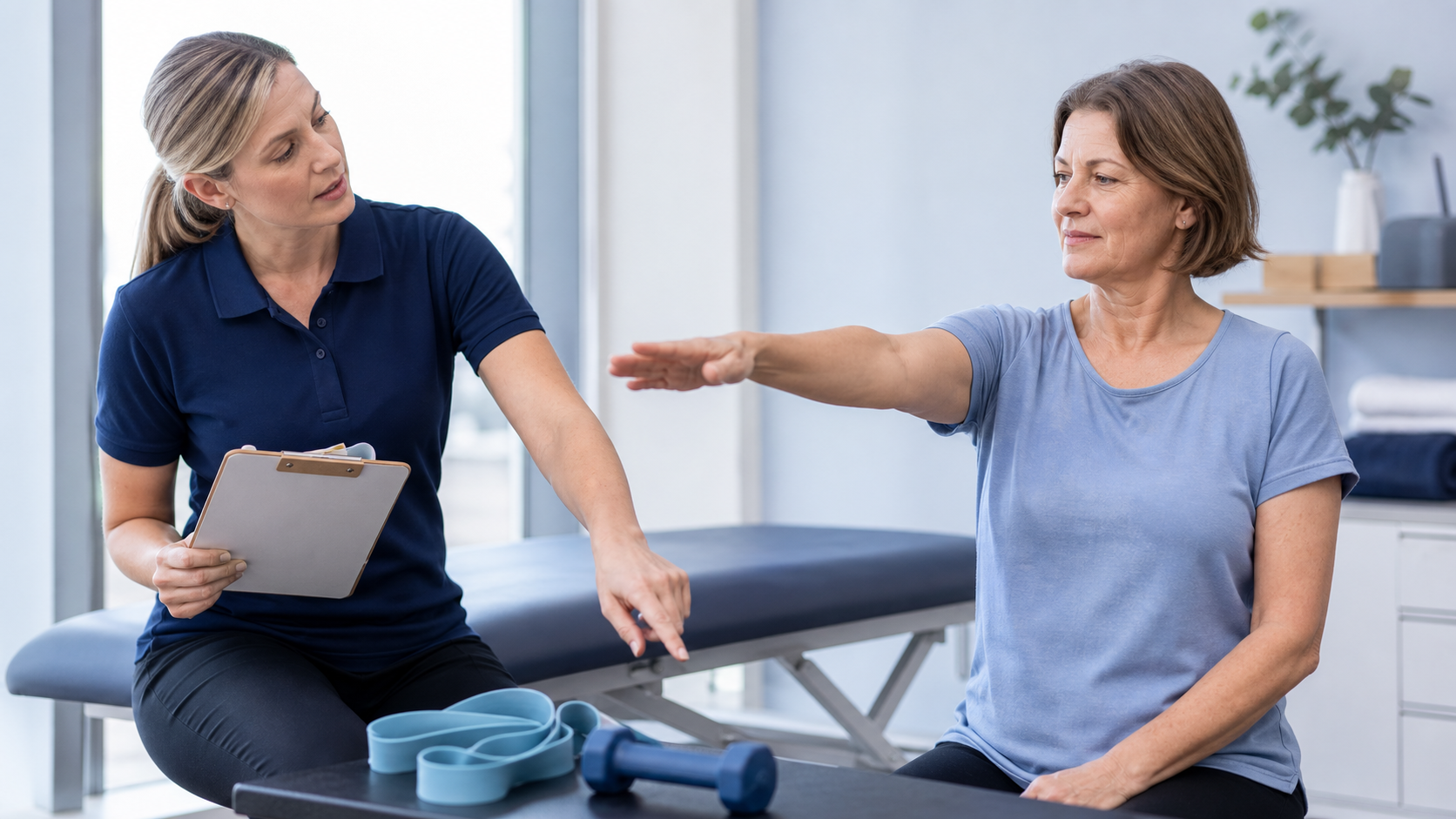 Clinician reviewing a patient's shoulder response before adjusting exercise dosage