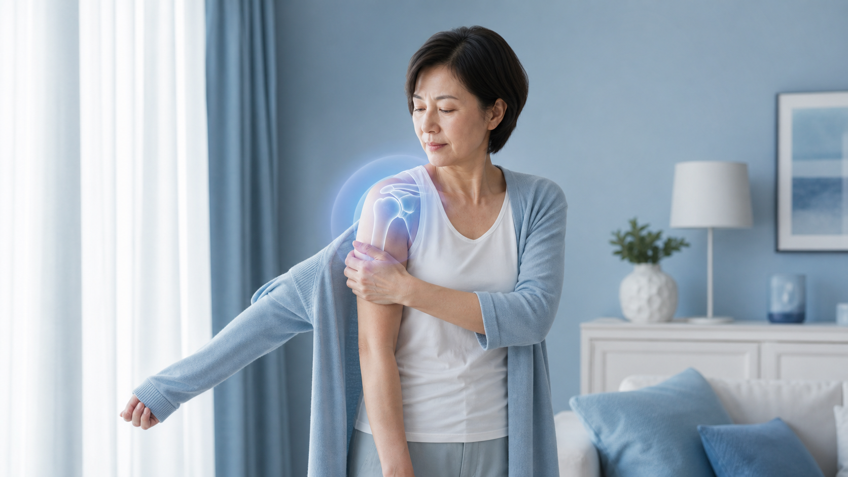 Woman managing restricted shoulder movement while dressing at home