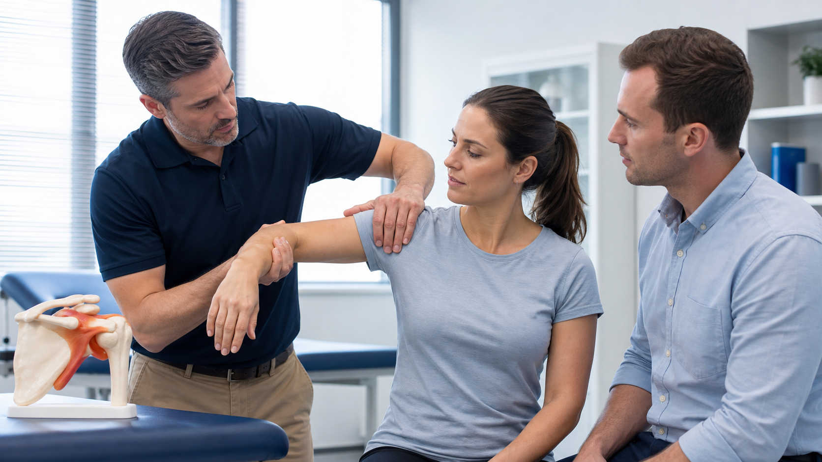 Healthcare professionals learning shoulder assessment and rehabilitation techniques