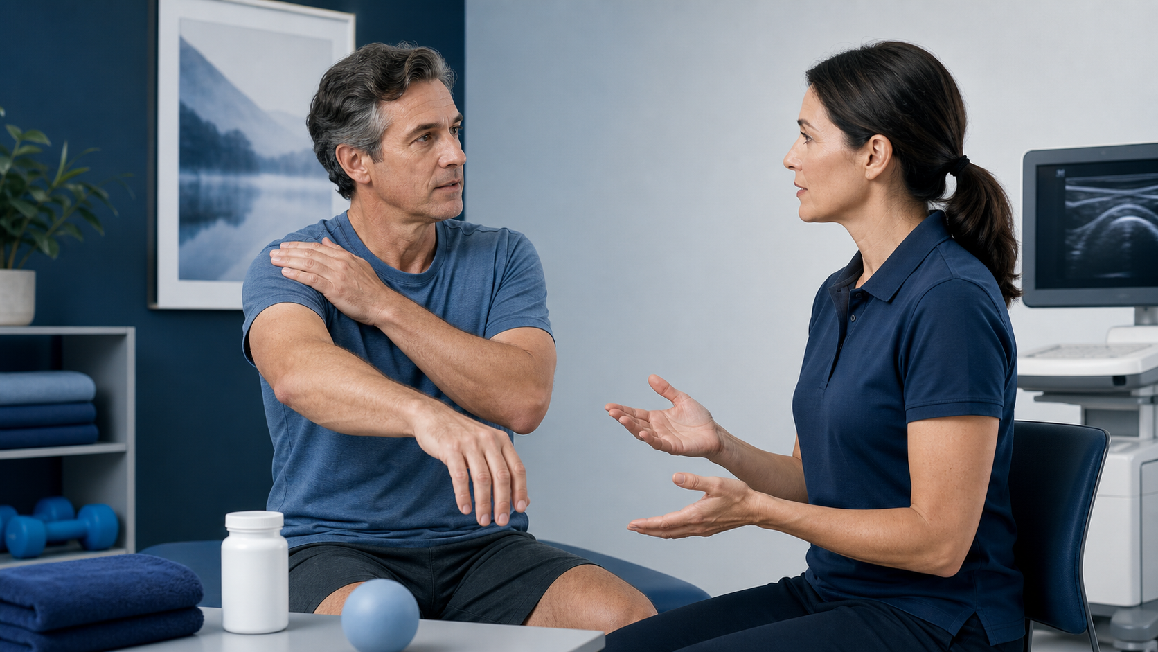 Patient and clinician discussing frozen shoulder treatment options
