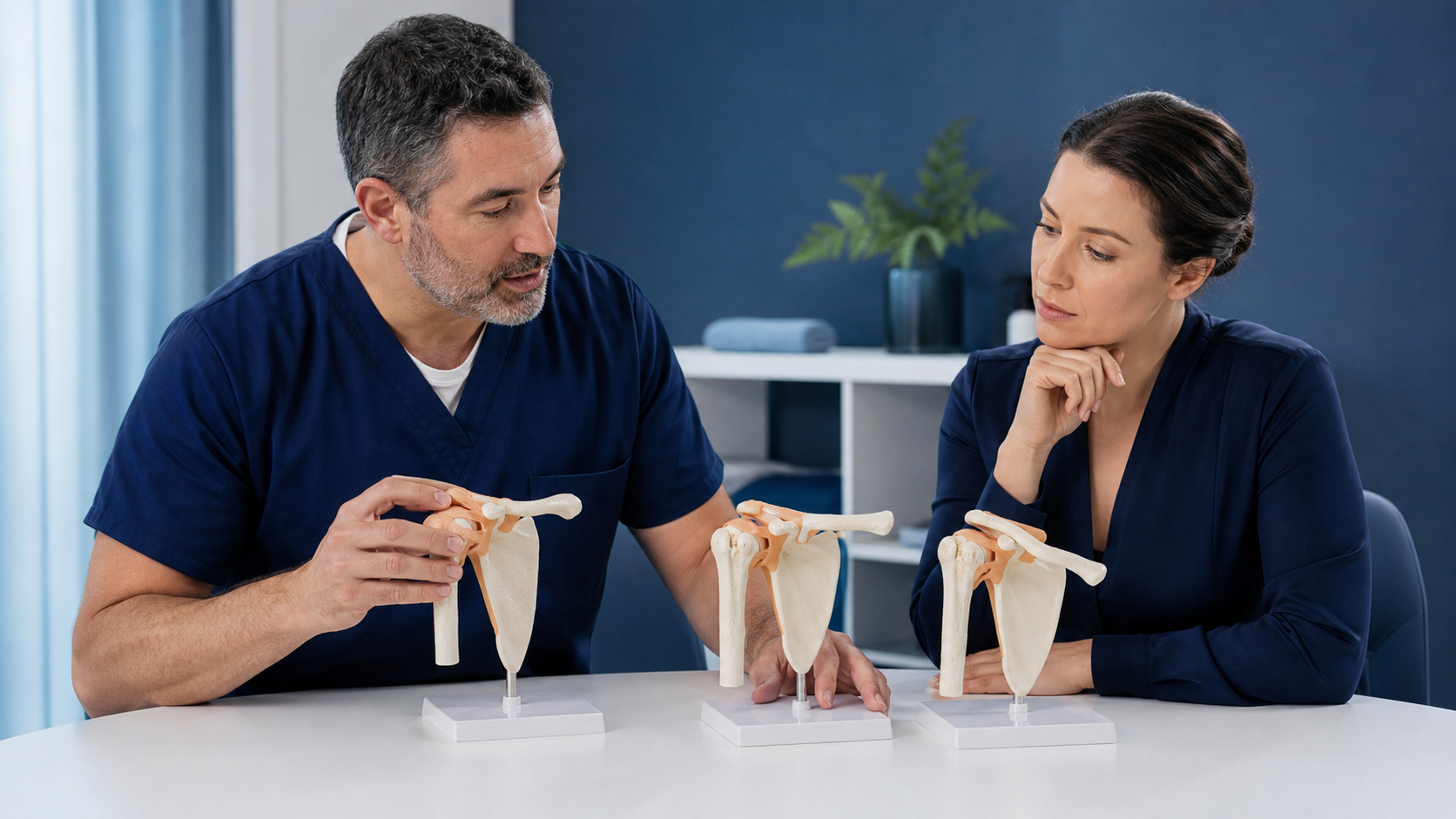 Healthcare professionals discussing stage-based shoulder treatment