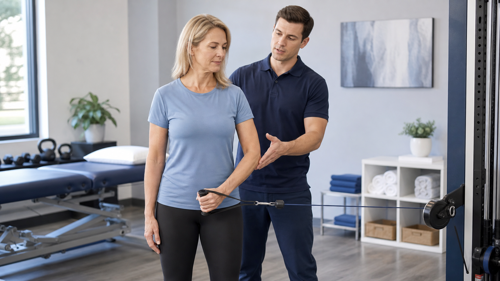Clinician supervising controlled shoulder rehabilitation