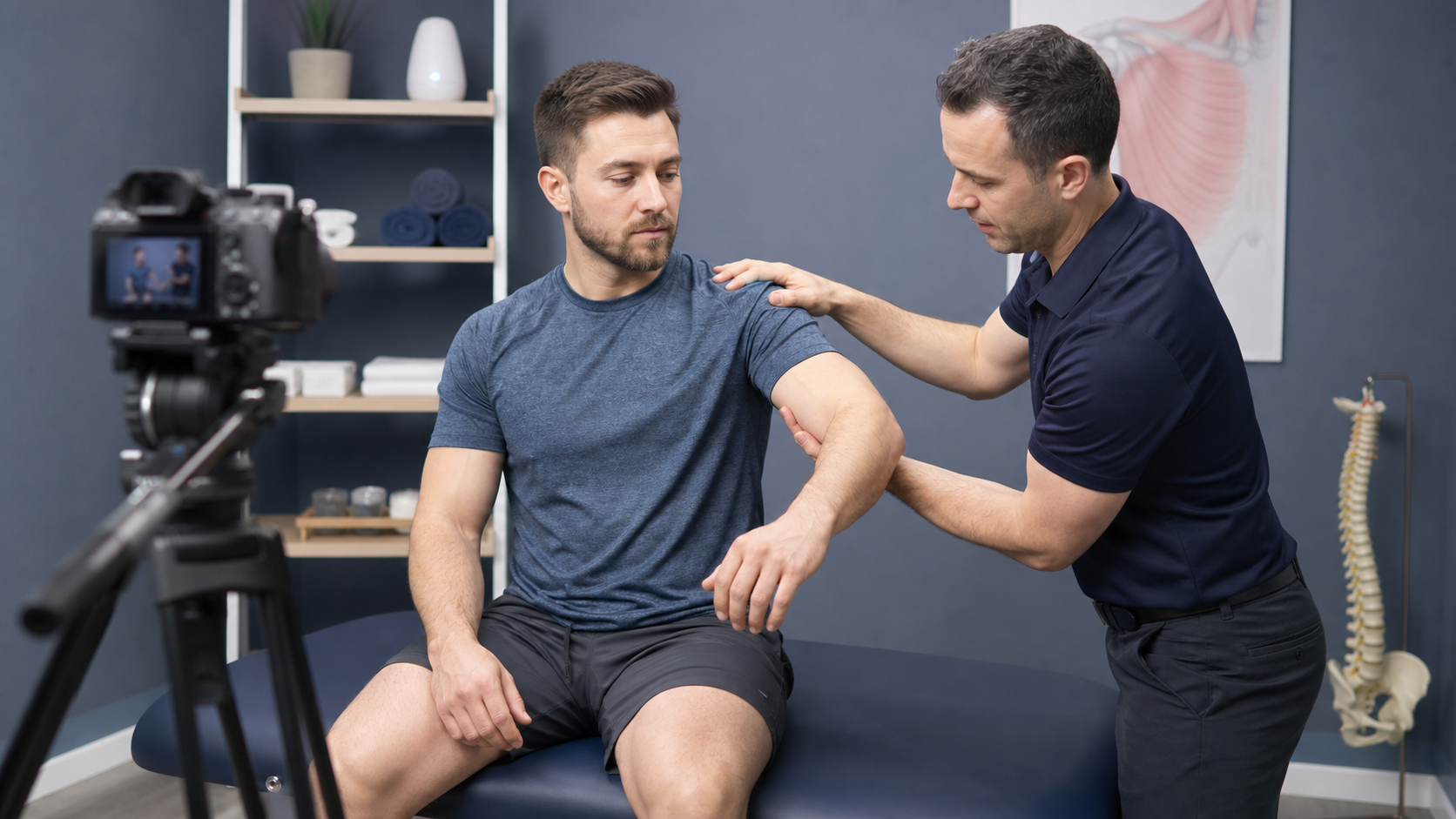 Filming a professional shoulder assessment demonstration